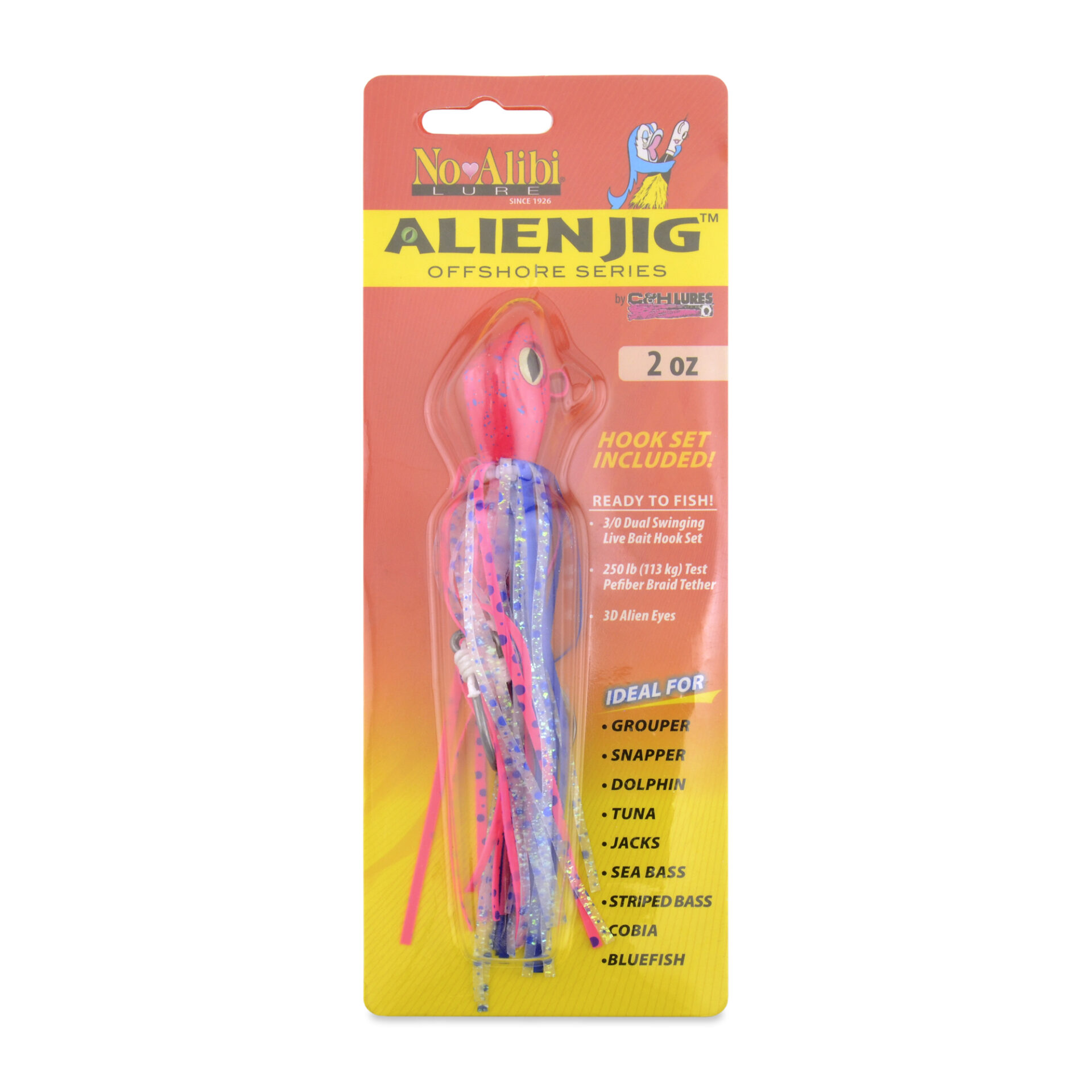 No Alibi, Alien Jig Offshore Series, Pink/Blue/White Speckled Skirt, 2 oz / 56.6 g Pink/Blue Head, 5/0 Hooks (2) - Image 2