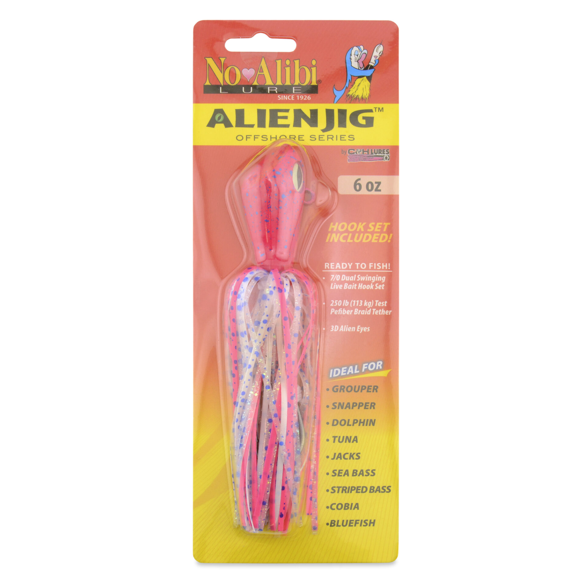 No Alibi, Alien Jig Offshore Series, Pink/Blue/White Speckled Skirt, 6 oz / 170 g Pink/Blue Head, 7/0 Hooks (2) - Image 2