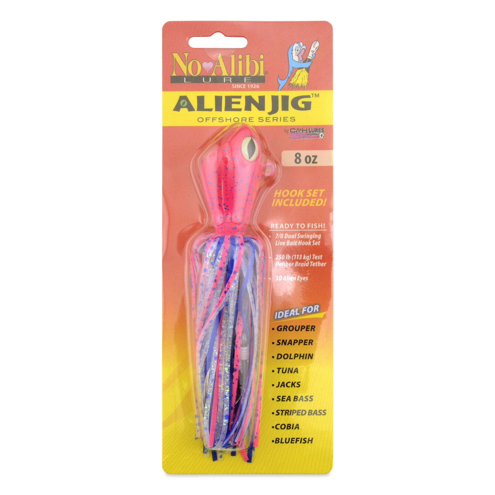 No Alibi, Alien Jig Offshore Series, Pink/Blue/White Speckled Skirt, 8 oz / 226 g Pink/Blue Head, 7/0 Hooks (2) - Image 2