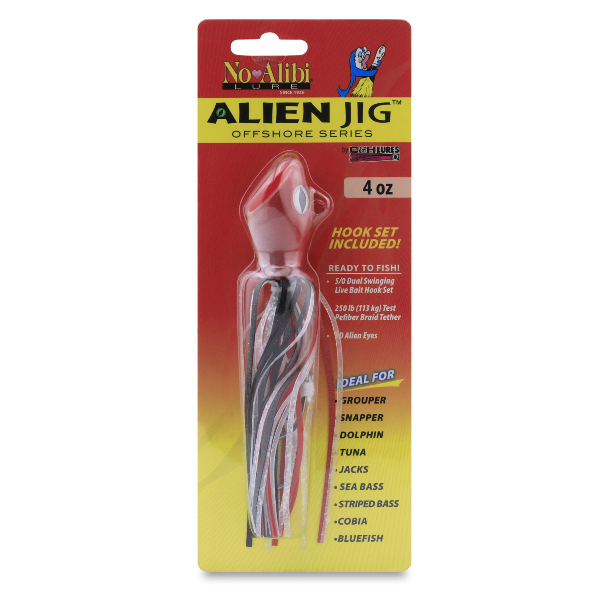 No Alibi, Alien Jig Offshore Series, Glow Red/Black Skirt, 4 oz / 113 g Red Head, 5/0 Hooks (2) - Image 2