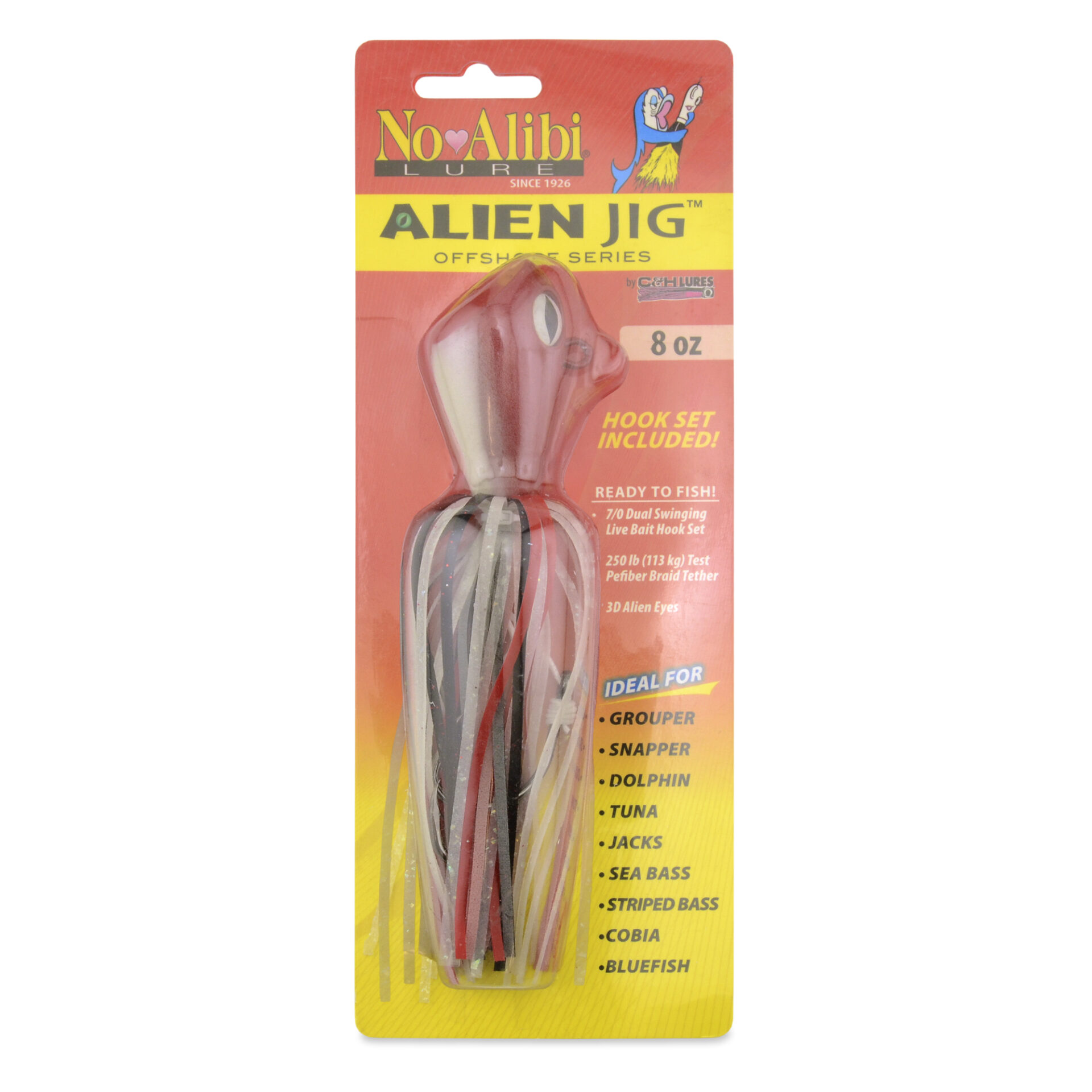 No Alibi, Alien Jig Offshore Series, Glow Red/Black Skirt, 8 oz / 226 g Red Head, 7/0 Hooks (2) - Image 2