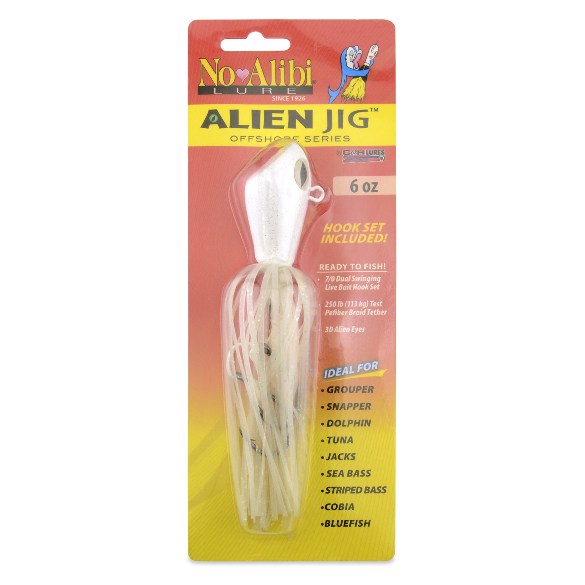 No Alibi, Alien Jig Offshore Series, Fluorescent White Skirt, 6 oz / 170 g White Head, 7/0 Hooks (2) - Image 2