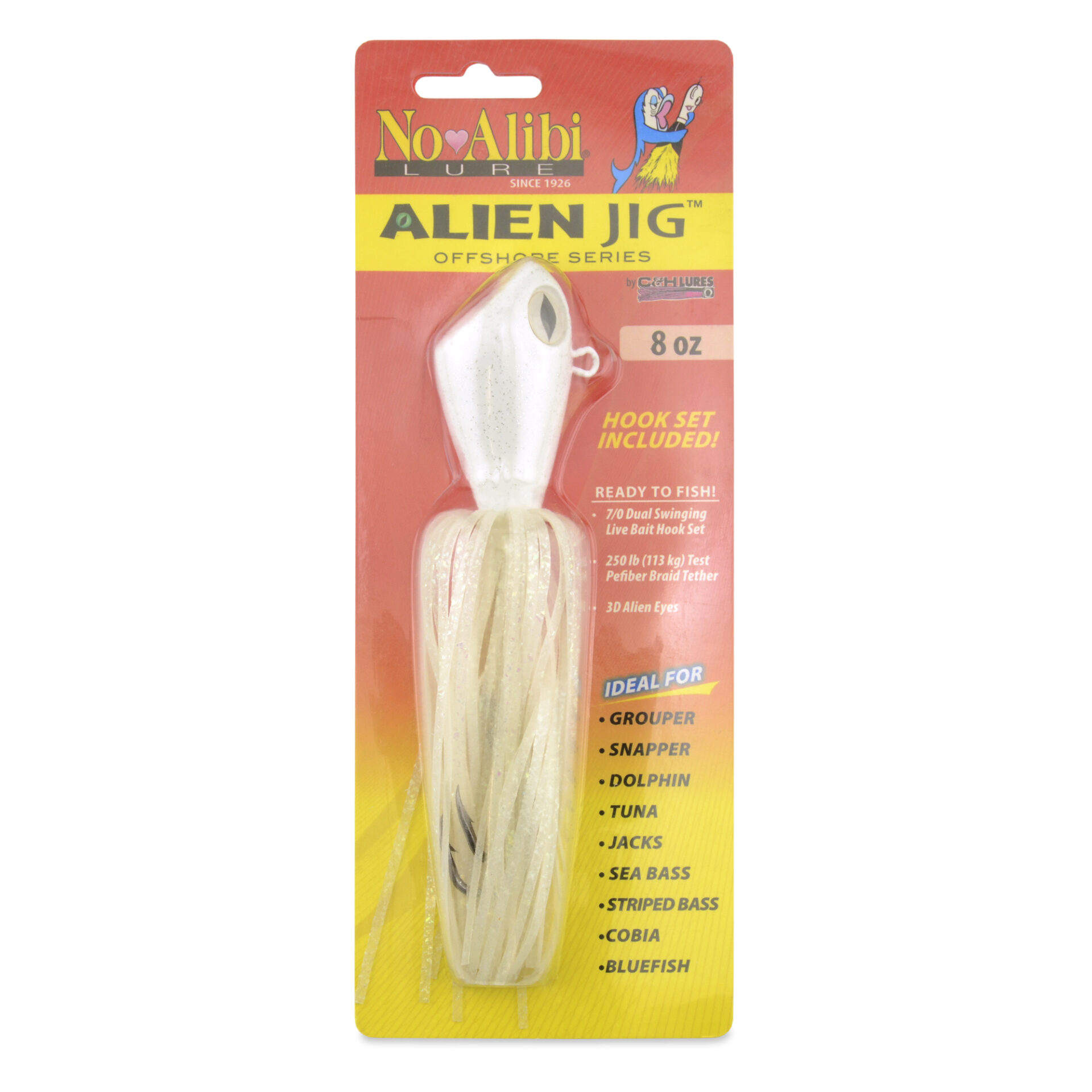 No Alibi, Alien Jig Offshore Series, Fluorescent White Skirt, 8 oz / 226 g White Head, 7/0 Hooks (2) - Image 2