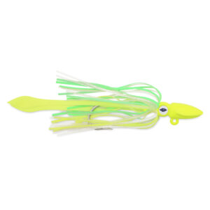 No Alibi, Alien Jig - Squid Head, 2.5 oz / 70.9 g, Glow Green/Chartreuse Head, Skirt, Chartreuse Squid Paws, 9/0 Hook, 8.5 in / 21.6 cm