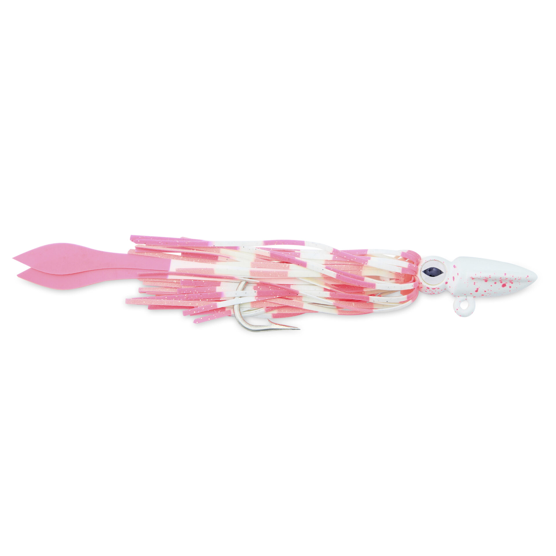 No Alibi, Alien Jig - Squid Head, 2.5 oz / 70.9 g, White/Pink Speckle Head, Glow White/Pink Skirt, Pink Squid Paws, 9/0 Hook, 8.5 in / 21.6 cm