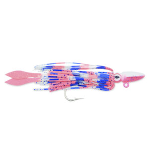 No Alibi, Alien Jig - Squid Head, 2.5 oz / 70.9 g, Pink/Blue Speckle Head, Pink/Clear/Blue Disco Skirt, Pink Squid Paws, 9/0 Hook, 8.5 in / 21.6 cm
