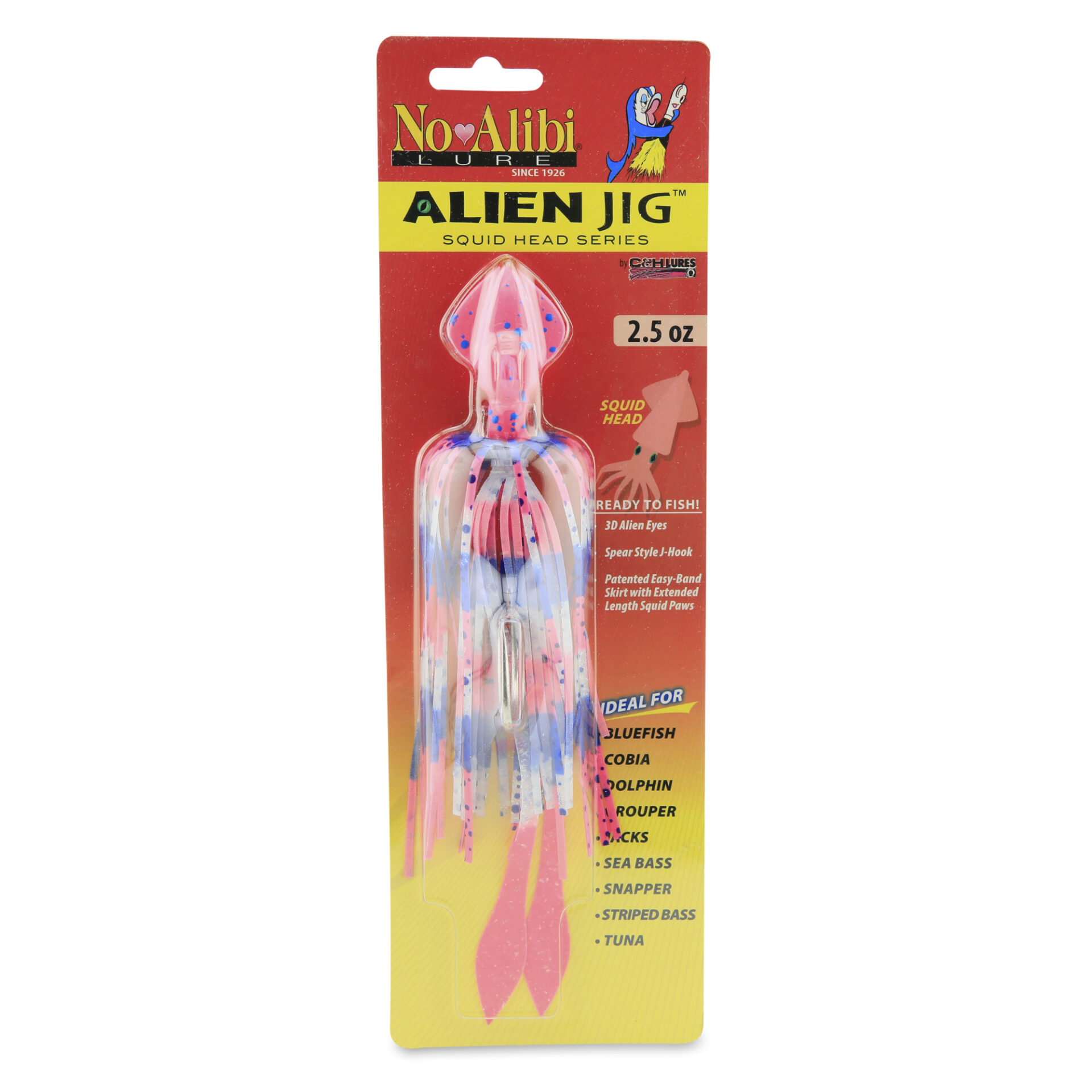 No Alibi, Alien Jig - Squid Head, 2.5 oz / 70.9 g, Pink/Blue Speckle Head, Pink/Clear/Blue Disco Skirt, Pink Squid Paws, 9/0 Hook, 8.5 in / 21.6 cm - Image 2