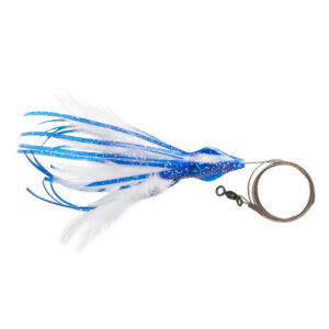 No Alibi, Dolphin Delight Rigged & Ready, Blue/White Skirt, 1.5 oz / 42.5 g Lead Head, 6 in / 15.2 cm, 7/0 Mustad Hook, AFW Swivel, 135 lb / 61 kg AFW Cable, 3 ft / 0.9 m