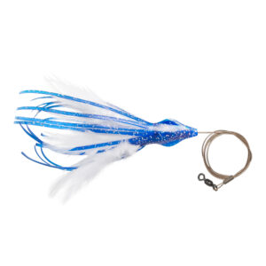 No Alibi, Dolphin Delight Rigged & Ready, Blue/White Skirt, 1/4 oz / 7.0 g Lead Head, 4.5 in / 11.4 cm, 7/0 Mustad Hook, AFW Swivel, 135 lb / 61 kg AFW Cable, 3 ft / 0.9 m