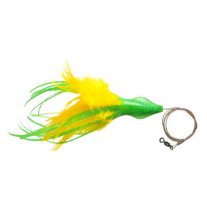 No Alibi, Dolphin Delight Rigged & Ready, Green/Yellow Skirt, 1.5 oz / 42.5 g Lead Head, 6 in / 15.2 cm, 7/0 Mustad Hook, AFW Swivel, 135 lb / 61 kg AFW Cable, 3 ft / 0.9 m
