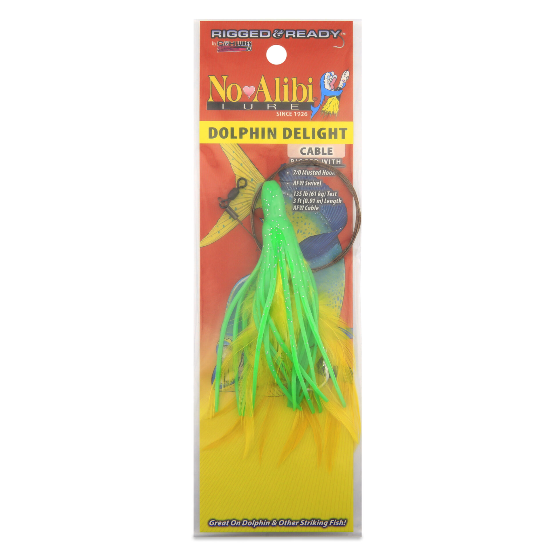 No Alibi, Dolphin Delight Rigged & Ready, Green/Yellow Skirt, 1/4 oz / 7.0 g Lead Head, 4.5 in / 11.4 cm, 7/0 Mustad Hook, AFW Swivel, 135 lb / 61 kg AFW Cable, 3 ft / 0.9 m - Image 2