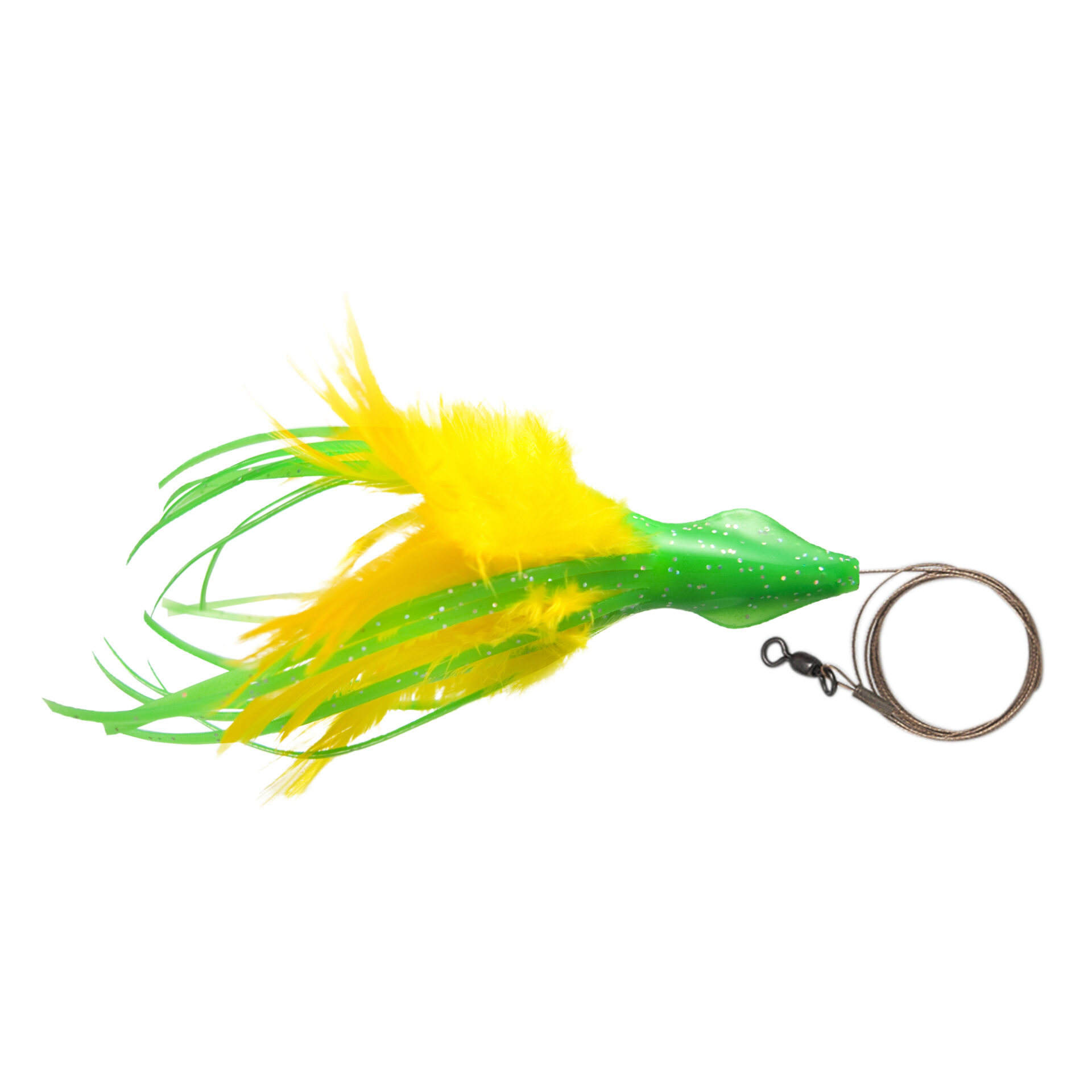 No Alibi, Dolphin Delight Rigged & Ready, Green/Yellow Skirt, 1/4 oz / 7.0 g Lead Head, 4.5 in / 11.4 cm, 7/0 Mustad Hook, AFW Swivel, 135 lb / 61 kg AFW Cable, 3 ft / 0.9 m