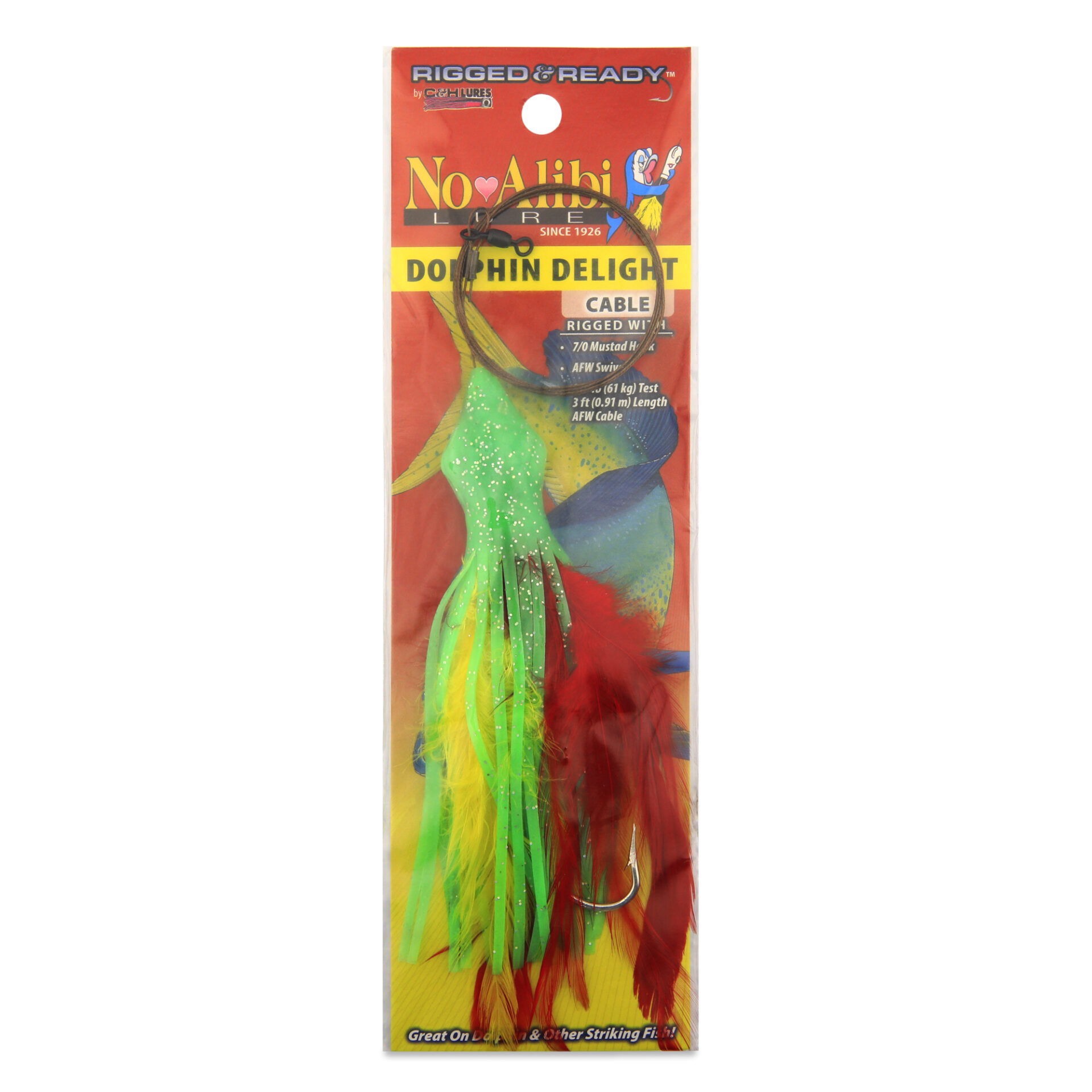 No Alibi, Dolphin Delight Rigged & Ready, Green/Yelow/Red Skirt, 1.5 oz / 42.5 g Lead Head, 6 in / 15.2 cm, 7/0 Mustad Hook, AFW Swivel, 135 lb / 61 kg AFW Cable, 3 ft / 0.9 m - Image 2