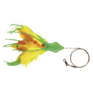 No Alibi, Dolphin Delight Rigged & Ready, Green/Yelow/Red Skirt, 1/4 oz / 7.0 g Lead Head, 4.5 in / 11.4 cm, 7/0 Mustad Hook, AFW Swivel, 135 lb / 61 kg AFW Cable, 3 ft / 0.9