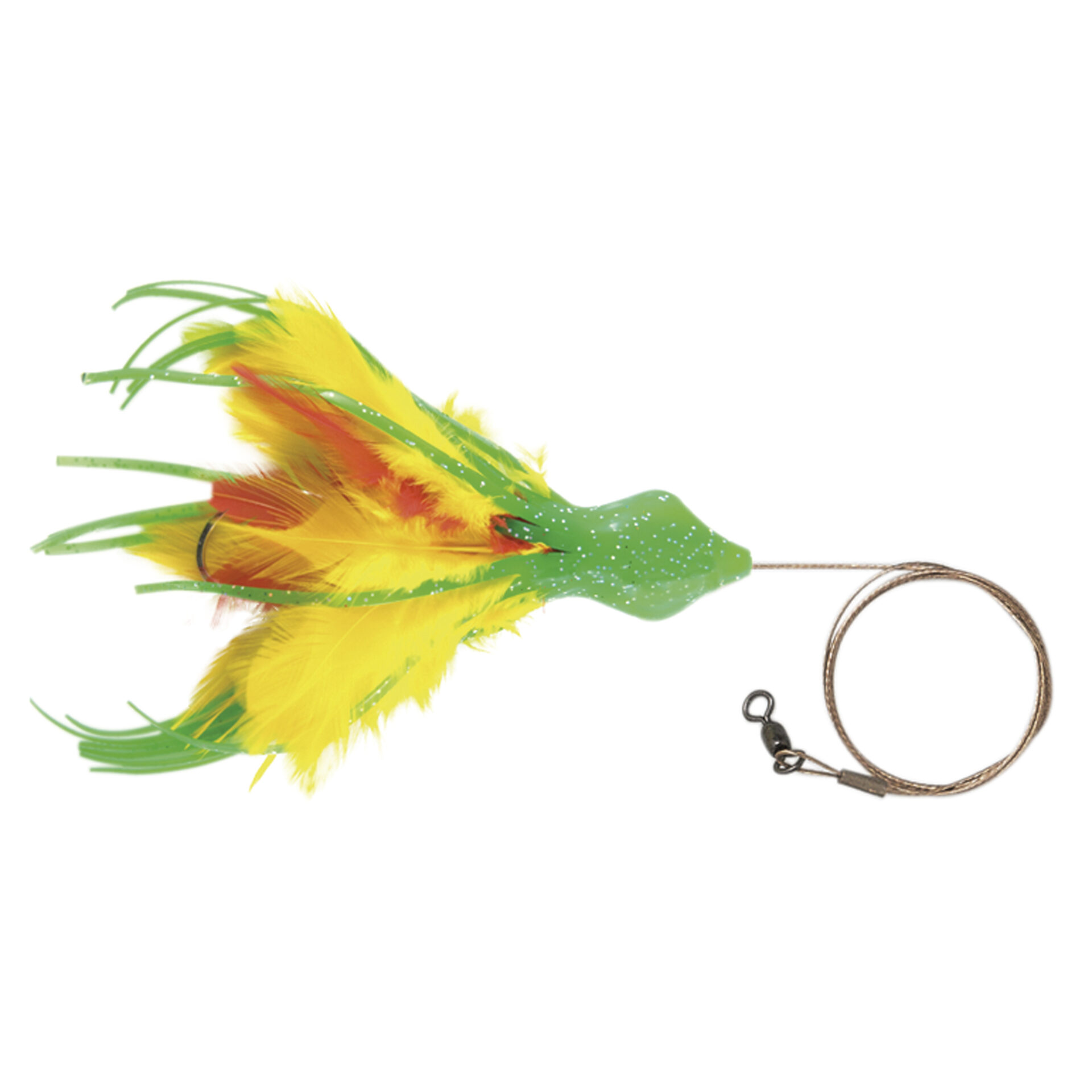 No Alibi, Dolphin Delight Rigged & Ready, Green/Yelow/Red Skirt, 1/4 oz / 7.0 g Lead Head, 4.5 in / 11.4 cm, 7/0 Mustad Hook, AFW Swivel, 135 lb / 61 kg AFW Cable, 3 ft / 0.9