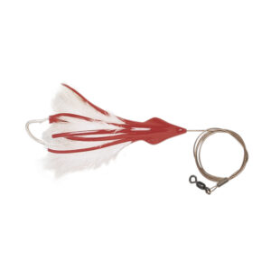 No Alibi, Dolphin Delight Rigged & Ready, Red/White Skirt, 1/2 oz / 14.1 g Lead Head, 4.5 in / 11.4 cm, 7/0 Mustad Hook, AFW Swivel, 135 lb / 61 kg AFW Cable, 3 ft / 0.9 m