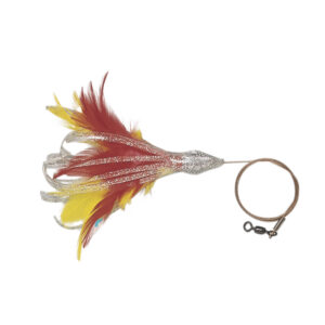 No Alibi, Dolphin Delight Rigged & Ready, Silvr/Red/Yel Skirt, 1/4 oz / 7.0 g Lead Head, 6 in / 15.2 cm, 7/0 Mustad Hook, AFW Swivel, 135 lb / 61 kg AFW Cable, 3 ft / 0.9 m