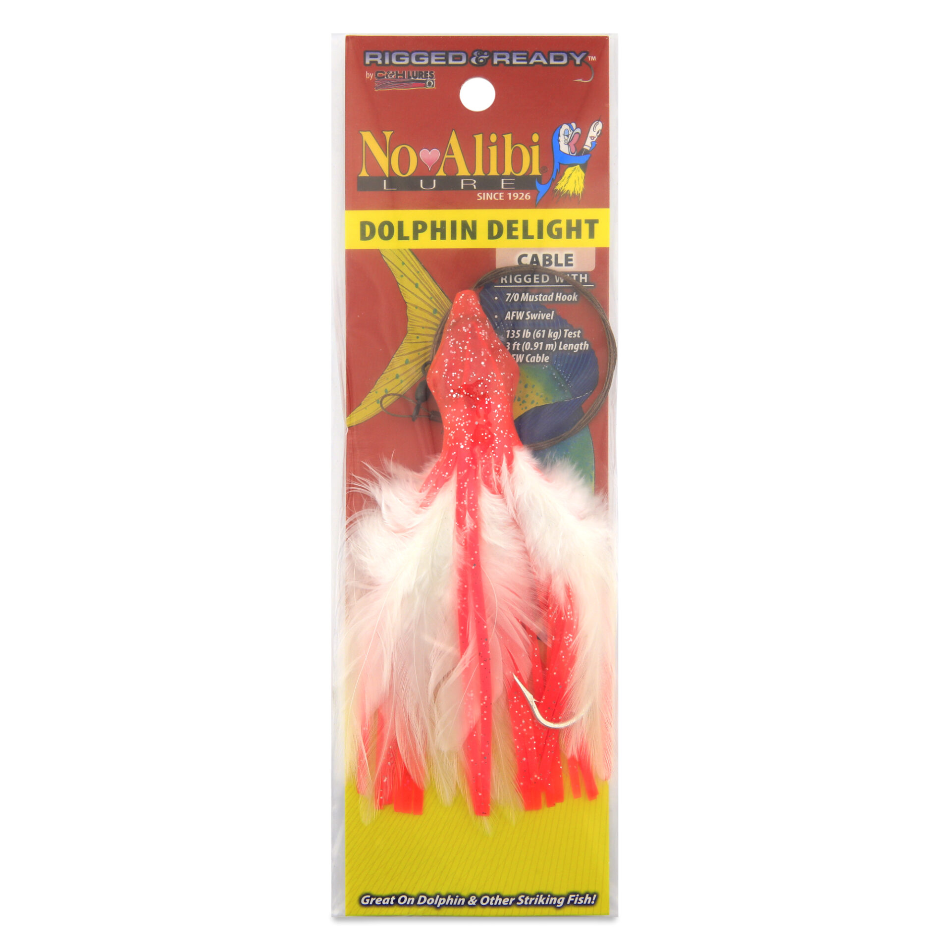 No Alibi, Dolphin Delight Rigged & Ready, Pink/White Skirt, 1.5 oz / 42.5 g Lead Head, 6 in / 15.2 cm, 7/0 Mustad Hook, AFW Swivel, 135 lb / 61 kg AFW Cable, 3 ft / 0.9 m - Image 2