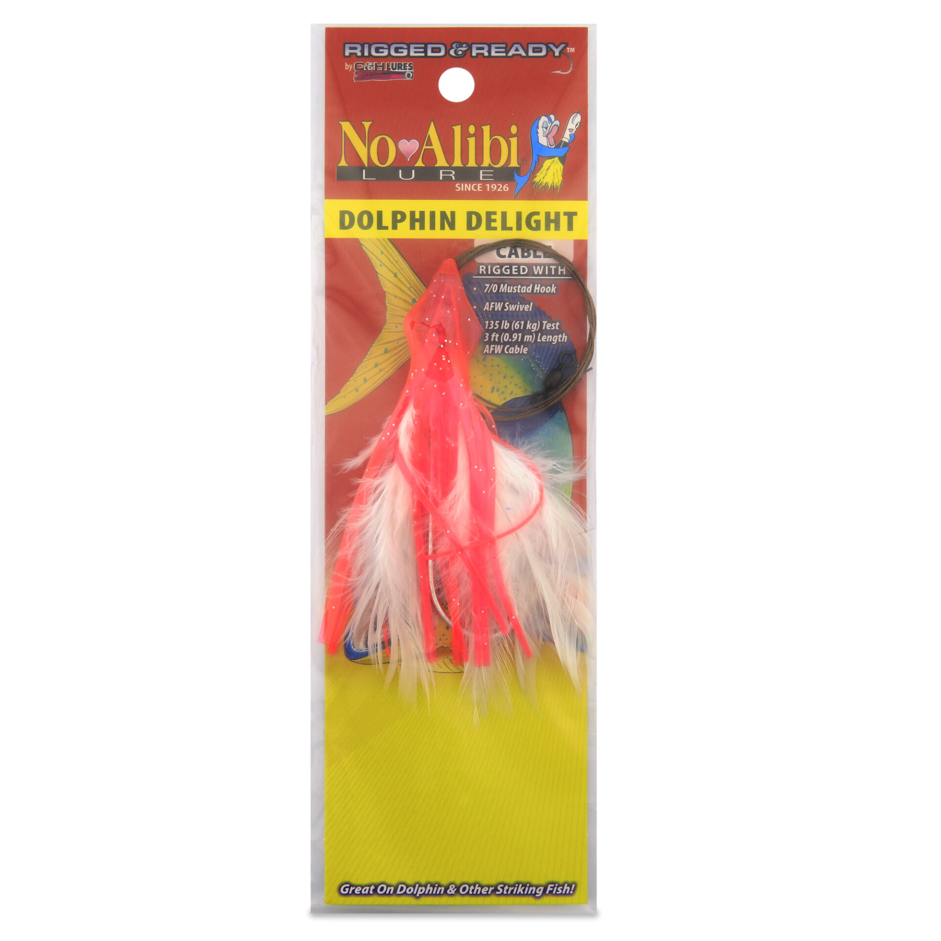 No Alibi, Dolphin Delight Rigged & Ready, Pink/White Skirt, 1/2 oz / 14.1 g Lead Head, 4.5 in / 11.4 cm, 7/0 Mustad Hook, AFW Swivel, 135 lb / 61 kg AFW Cable, 3 ft / 0.9 m - Image 2