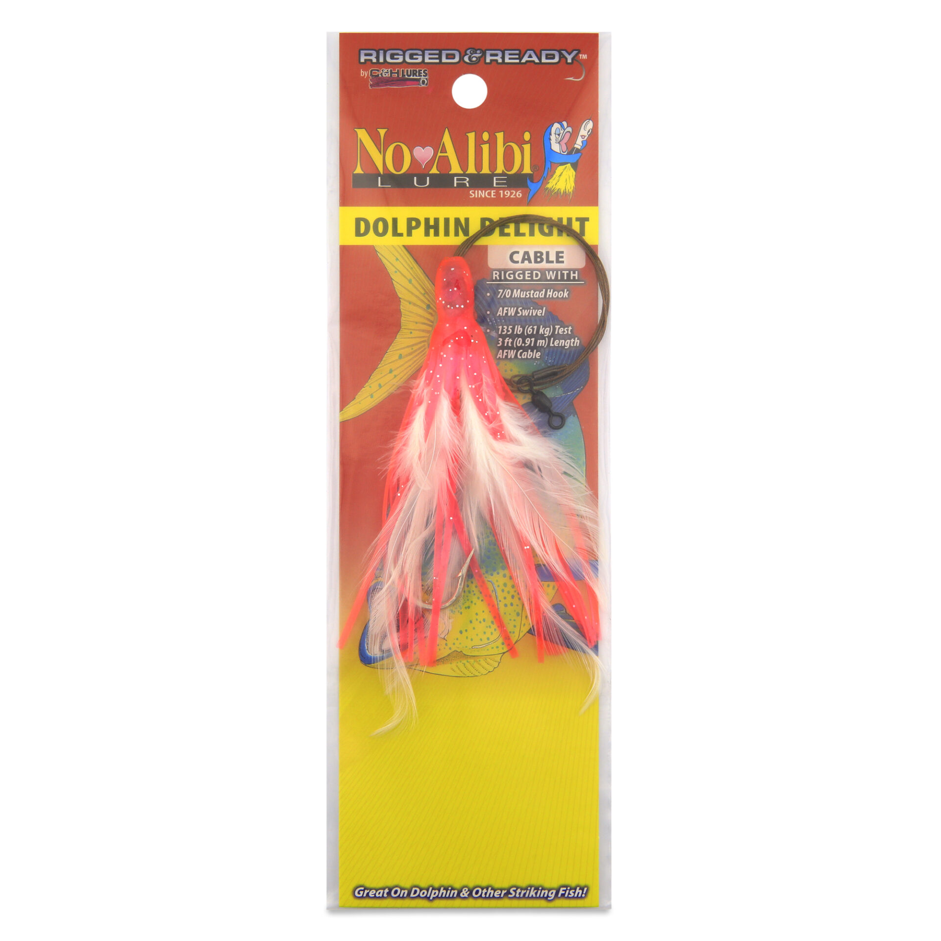 No Alibi, Dolphin Delight Rigged & Ready, Pink/White Skirt, 1/4 oz / 7.0 g Lead Head, 4.5 in / 11.4 cm, 7/0 Mustad Hook, AFW Swivel, 135 lb / 61 kg AFW Cable, 3 ft / 0.9 m - Image 2