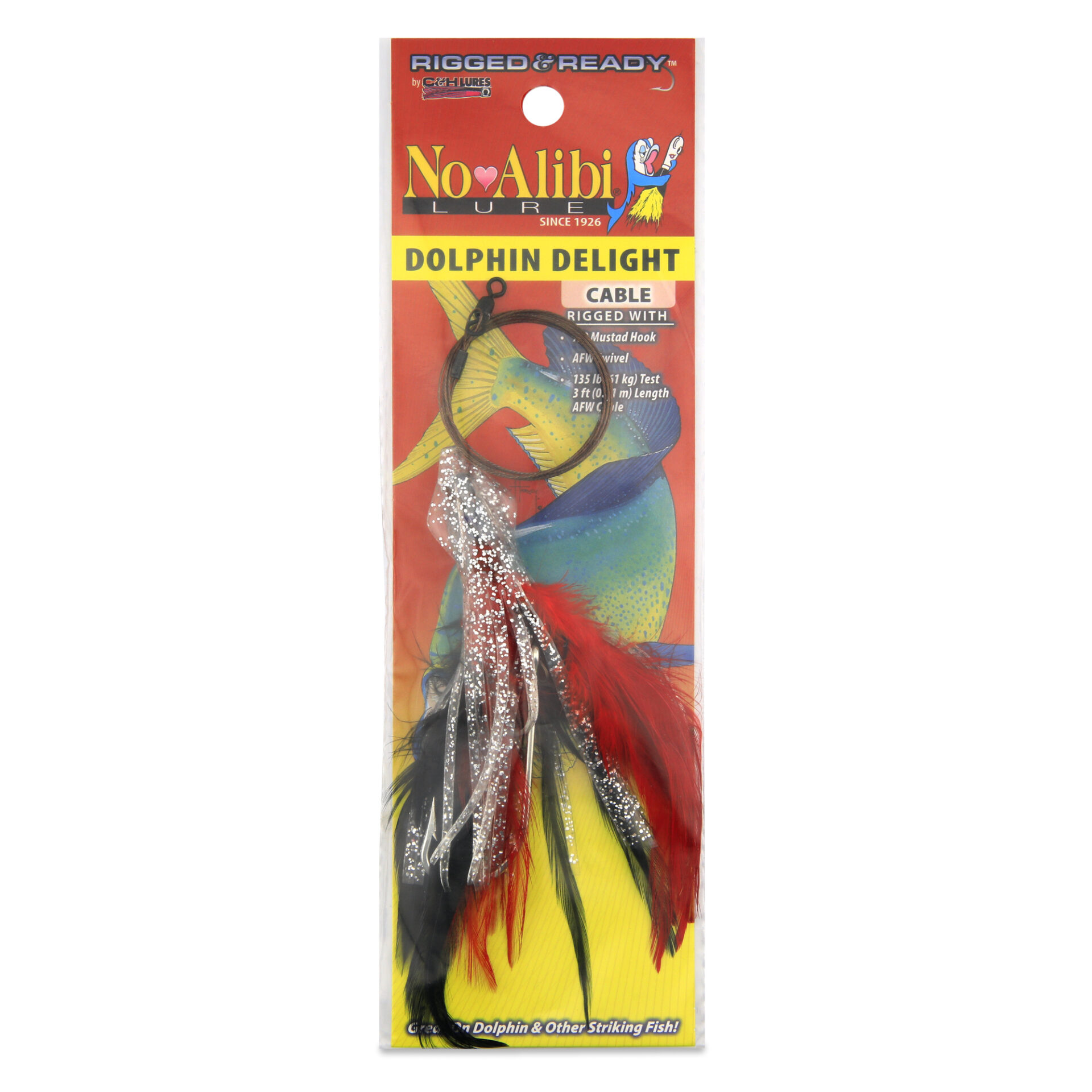 No Alibi, Dolphin Delight Rigged & Ready, Silvr/Blk/Red Skirt, 1/2 oz / 14.1 g Lead Head, 4.5 in / 11.4 cm, 7/0 Mustad Hook, AFW Swivel, 135 lb / 61 kg AFW Cable, 3 ft / 0.9 m - Image 2