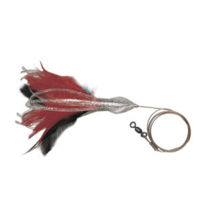 No Alibi, Dolphin Delight Rigged & Ready, Silvr/Blk/Red Skirt, 1/4 oz / 7.0 g Lead Head, 4.5 in / 11.4 cm, 7/0 Mustad Hook, AFW Swivel, 135 lb / 61 kg AFW Cable, 3 ft / 0.9 m