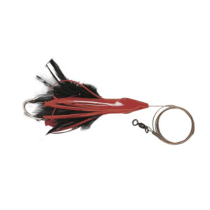 No Alibi, Dolphin Delight Rigged & Ready, Black/Red Skirt, 1/4 oz / 7.0 g Lead Head, 4.5 in / 11.4 cm, 7/0 Mustad Hook, AFW Swivel, 135 lb / 61 kg AFW Cable, 3 ft / 0.9 m