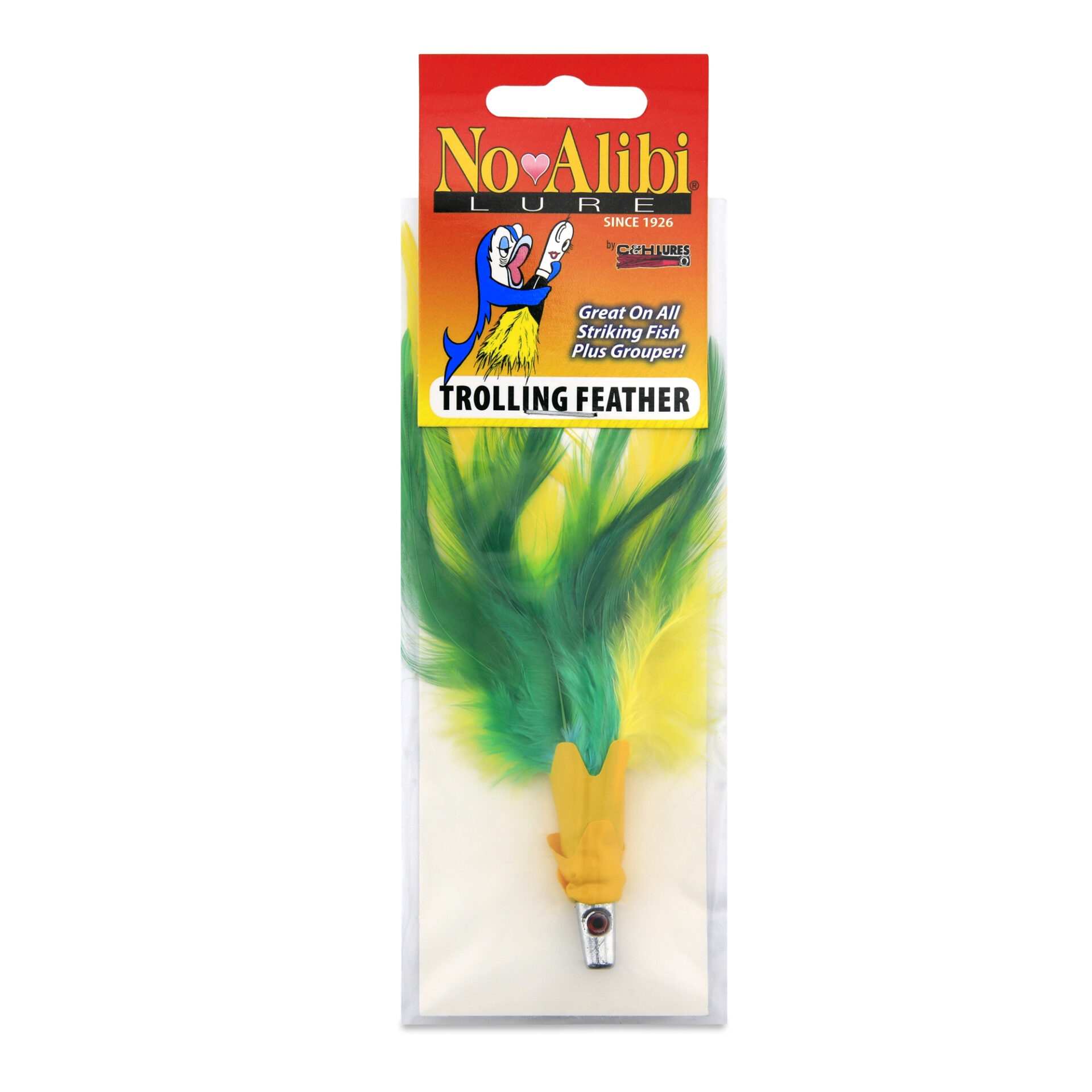 No Alibi, Trolling Feather Lure, Yellow/Green Skirt, 1/4 oz / 7.08 g Head - Image 2