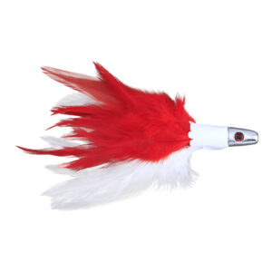 No Alibi, Trolling Feather Lure, White/Red Skirt, 1 oz / 28.3 g Head