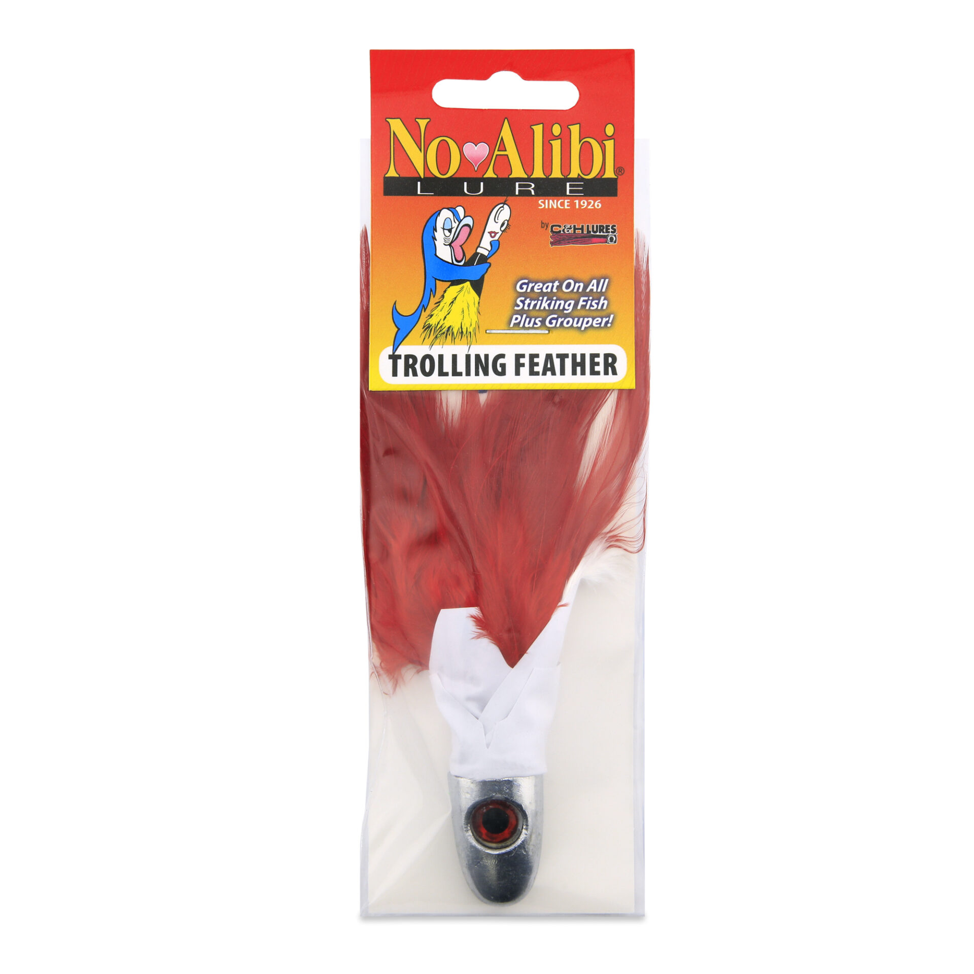 No Alibi, Trolling Feather Lure, White/Red Skirt, 2 oz / 56.6 g Head - Image 2