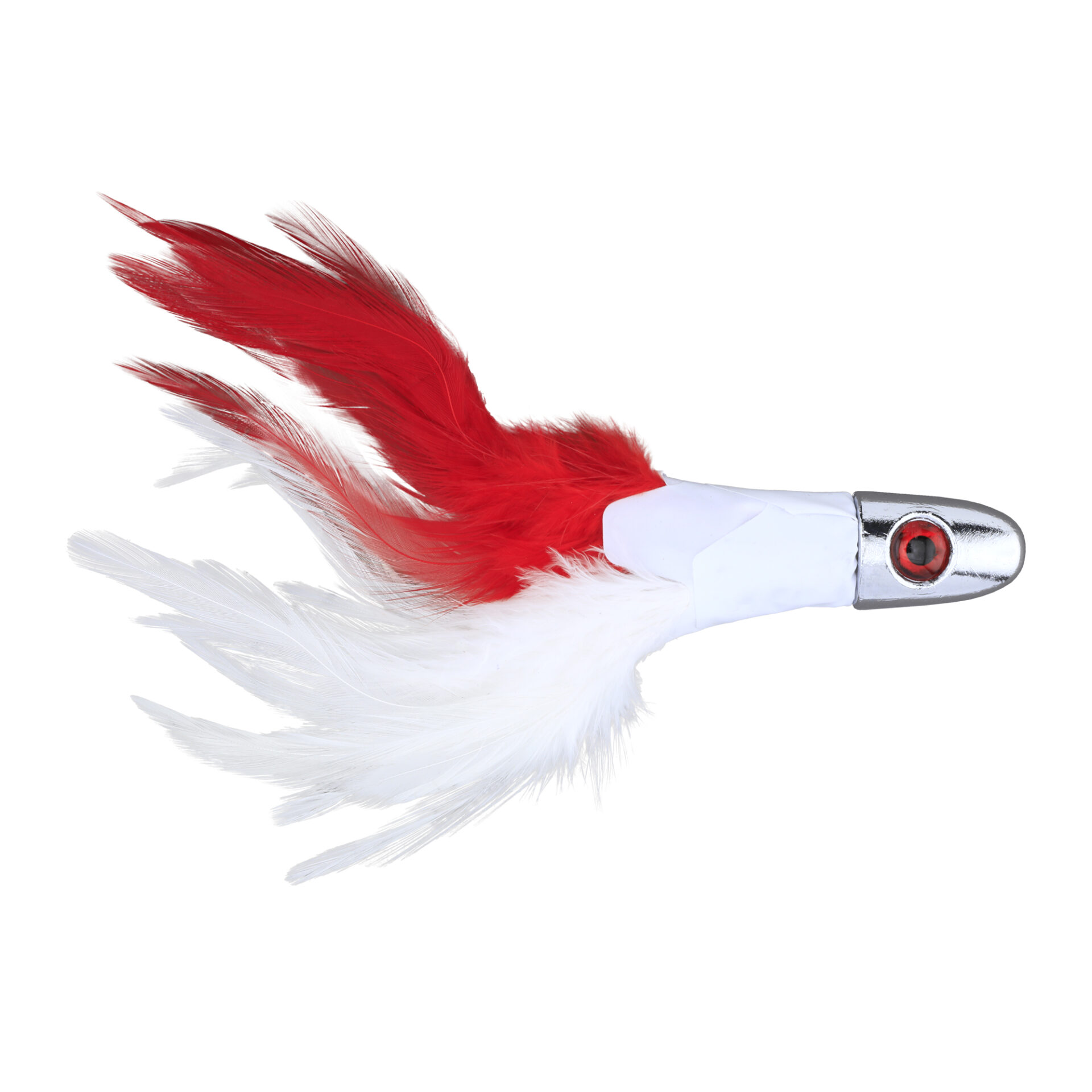 No Alibi, Trolling Feather Lure, White/Red Skirt, 2 oz / 56.6 g Head