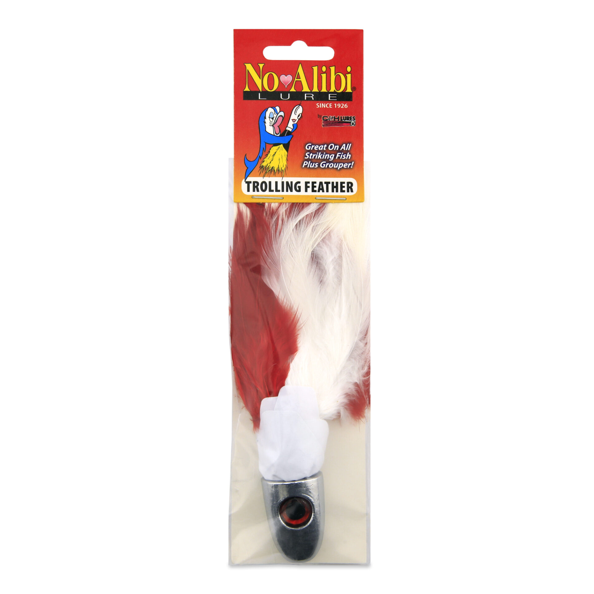 No Alibi, Trolling Feather Lure, White/Red Skirt, 4 oz / 113 g Head - Image 2