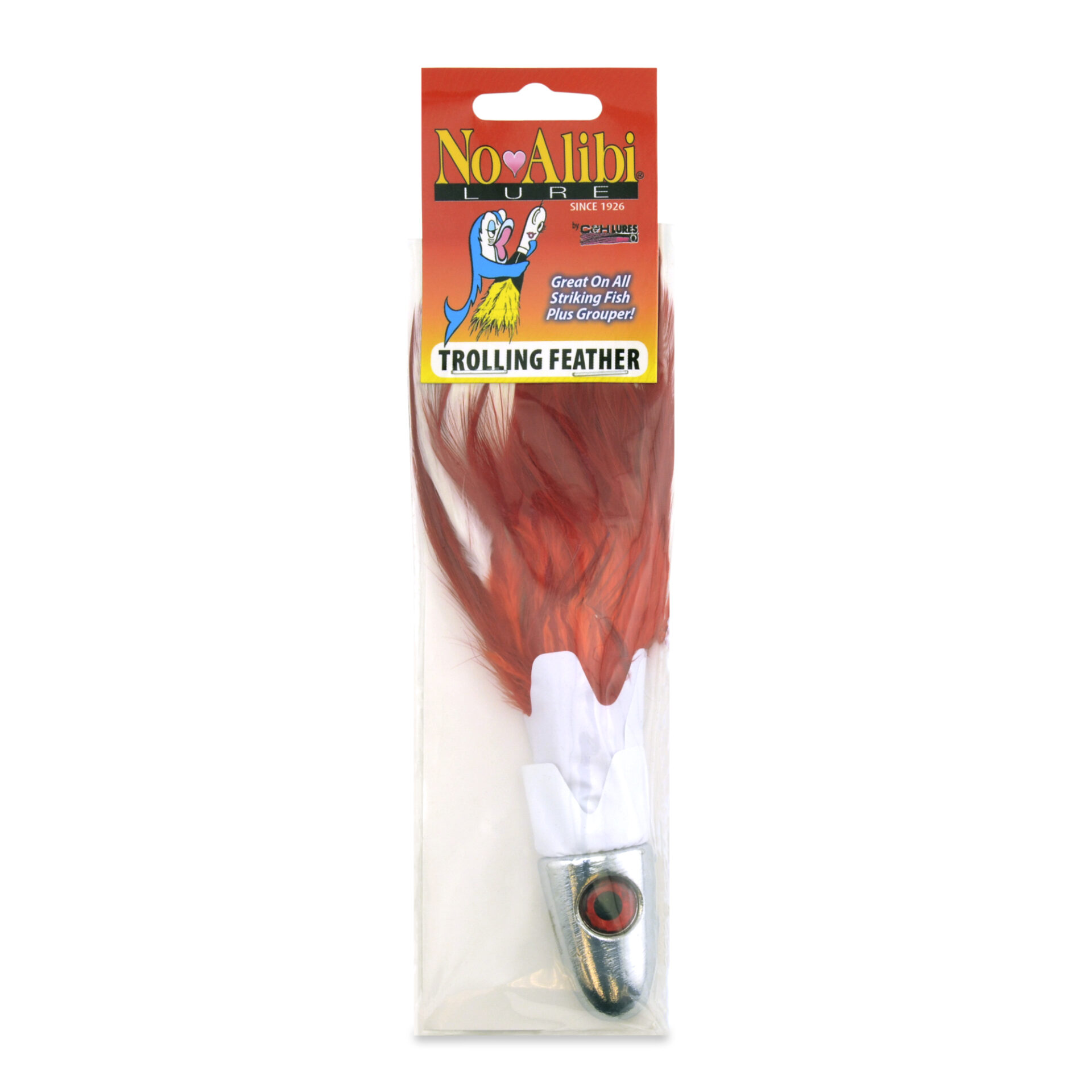 No Alibi, Trolling Feather Lure, White/Red Skirt, 6 oz / 170 g Head - Image 2