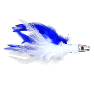 No Alibi, Trolling Feather Lure, White/Blue Skirt, 1 oz / 28.3 g Head
