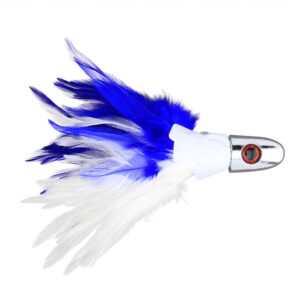 No Alibi, Trolling Feather Lure, White/Blue Skirt, 4 oz / 113 g Head
