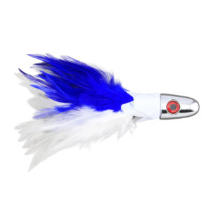 No Alibi, Trolling Feather Lure, White/Blue Skirt, 6 oz / 170 g Head