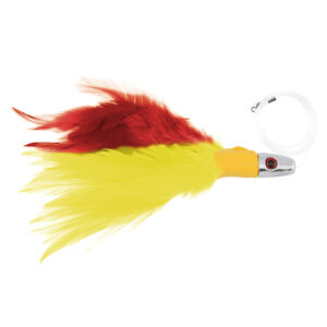 No Alibi,Trolling Feather Rigged & Ready, Yellow/Red Skirt, 1 oz / 28.3 g, 7/0 Mustad Hook, AFW Swivel, 100 lb / 45.3 kg Grand Slam Mono Line, 6 ft / 1.8 m
