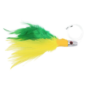 No Alibi,Trolling Feather Rigged & Ready, Yellow/Green Skirt, 1 oz / 28.3 g, 7/0 Mustad Hook, AFW Swivel, 100 lb / 45.3 kg Grand Slam Mono Line, 6 ft / 1.8 m
