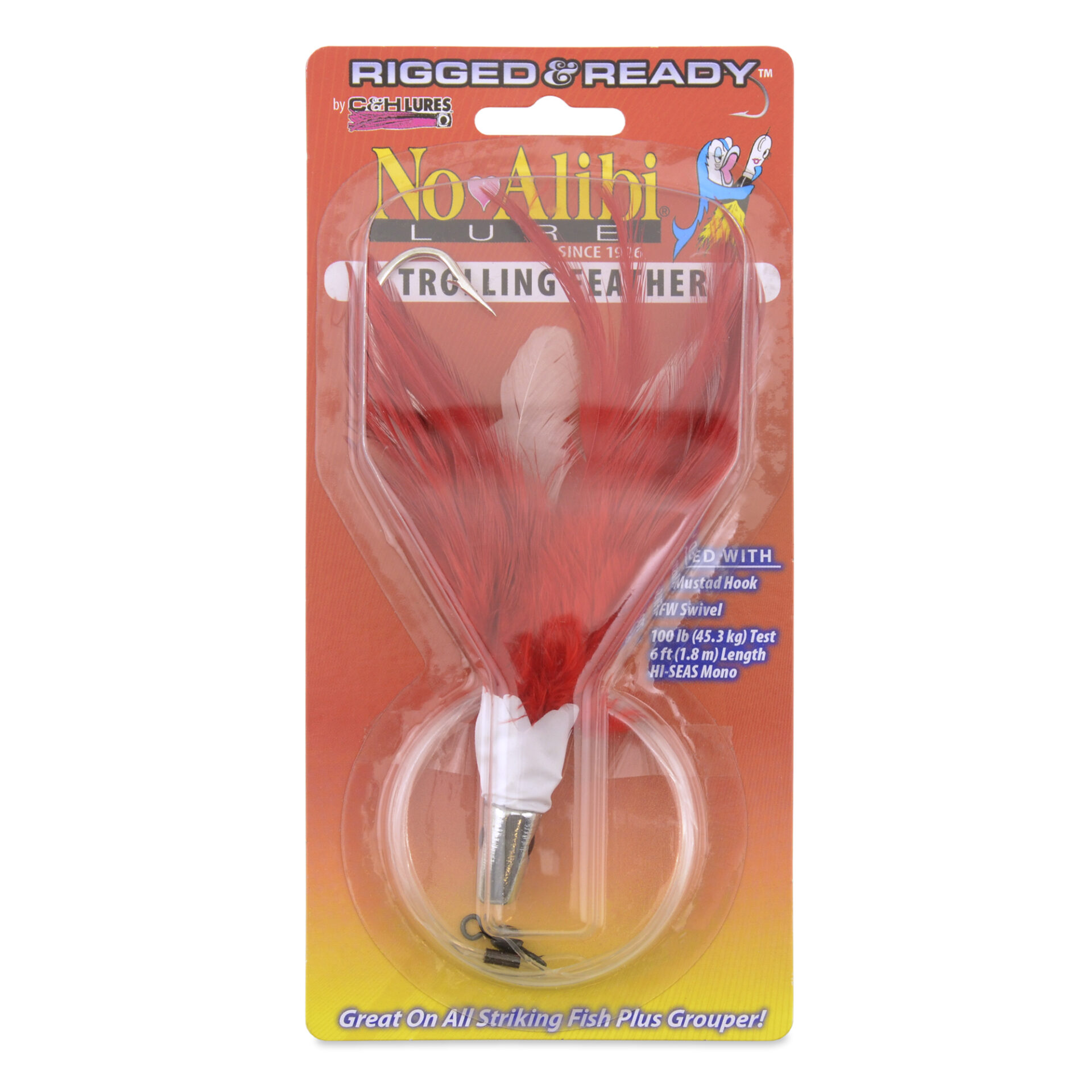 No Alibi,Trolling Feather Rigged & Ready, White/Red Skirt, 1 oz / 28.3 g, 7/0 Mustad Hook, AFW Swivel, 100 lb / 45.3 kg Grand Slam Mono Line, 6 ft / 1.8 m - Image 2