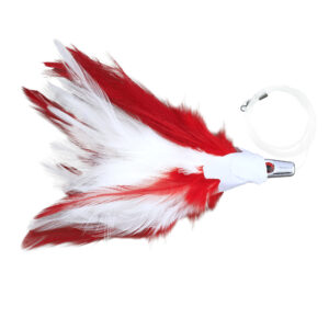 No Alibi,Trolling Feather Rigged & Ready, White/Red Skirt, 1/2 oz / 14.1 g Head, 7/0 Mustad Hook, AFW Swivel, 100 lb / 45.3 kg Grand Slam Mono Line, 6 ft / 1.8 m