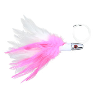 No Alibi,Trolling Feather Rigged & Ready, White/Pink Skirt, 1 oz / 28.3 g, 7/0 Mustad Hook, AFW Swivel, 100 lb / 45.3 kg Grand Slam Mono Line, 6 ft / 1.8 m