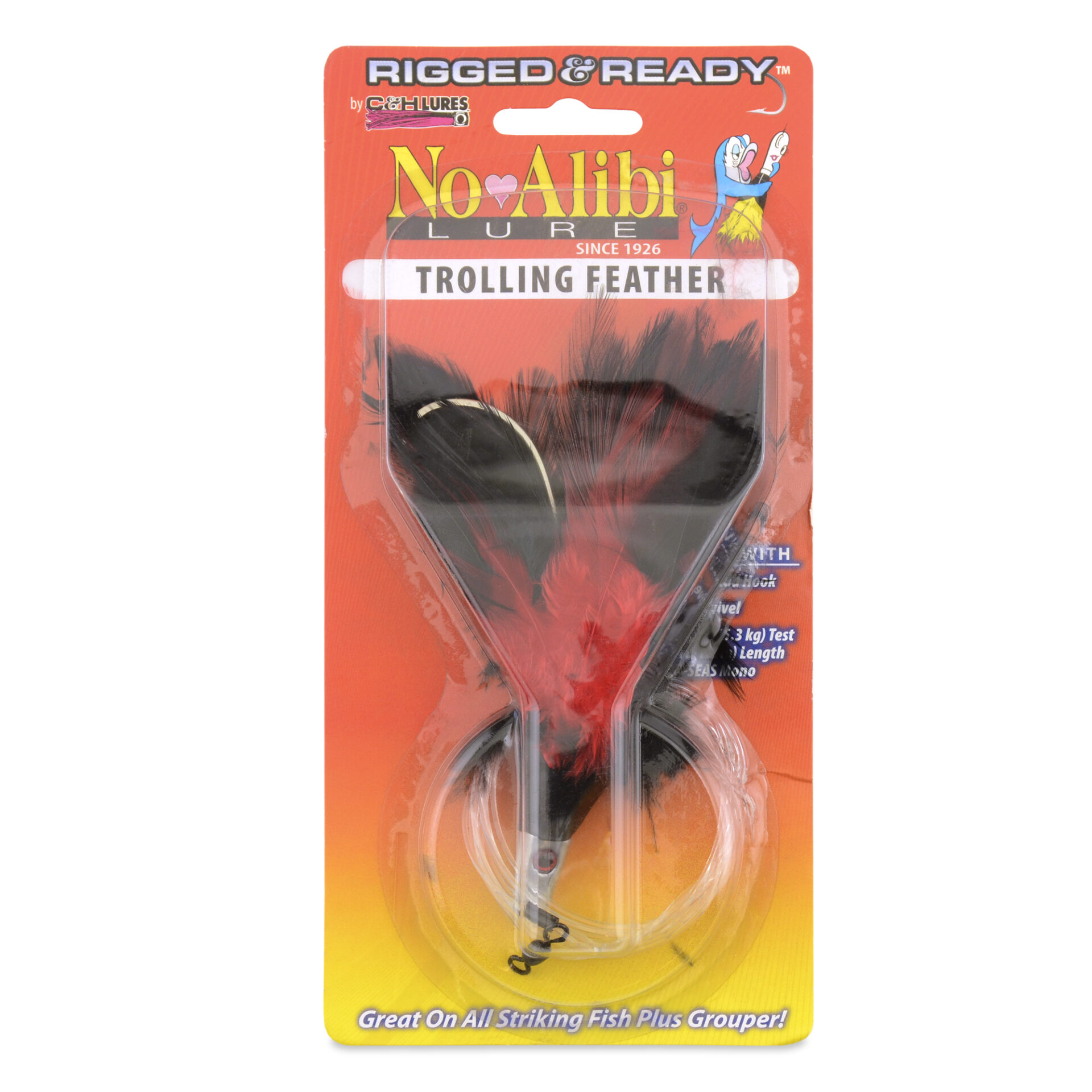 No Alibi,Trolling Feather Rigged & Ready, Black/Red Skirt, 1/2 oz / 14.1 g Head, 7/0 Mustad Hook, AFW Swivel, 100 lb / 45.3 kg Grand Slam Mono Line, 6 ft / 1.8 m - Image 2