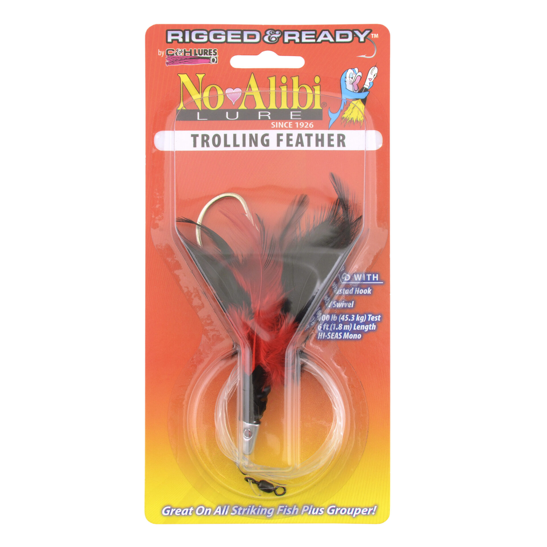 No Alibi,Trolling Feather Rigged & Ready, Black/Red Skirt, 1/4 oz / 7.08 g Head, 7/0 Mustad Hook, AFW Swivel, 100 lb / 45.3 kg Grand Slam Mono Line, 6 ft / 1.8 m - Image 2