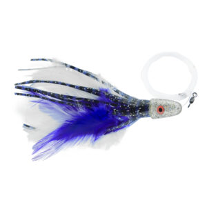 No Alibi Pro, Trolling Feather Rigged & Ready, White/Blue Skirt, 2 oz / 56.6 g Head, 7/0 Mustad Hook, AFW Swivel, 100 lb / 45.3 kg Grand Slam Mono Line, 6 ft / 1.8 m