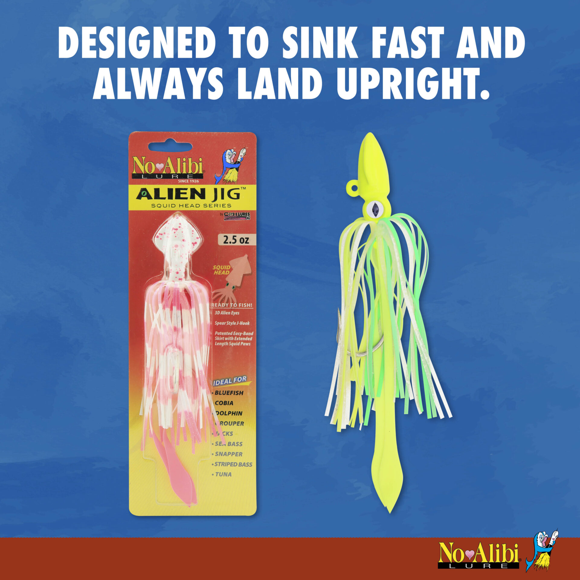 No Alibi, Alien Jig - Squid Head, 2.5 oz / 70.9 g, Pink/Blue Speckle Head, Pink/Clear/Blue Disco Skirt, Pink Squid Paws, 9/0 Hook, 8.5 in / 21.6 cm - Image 4