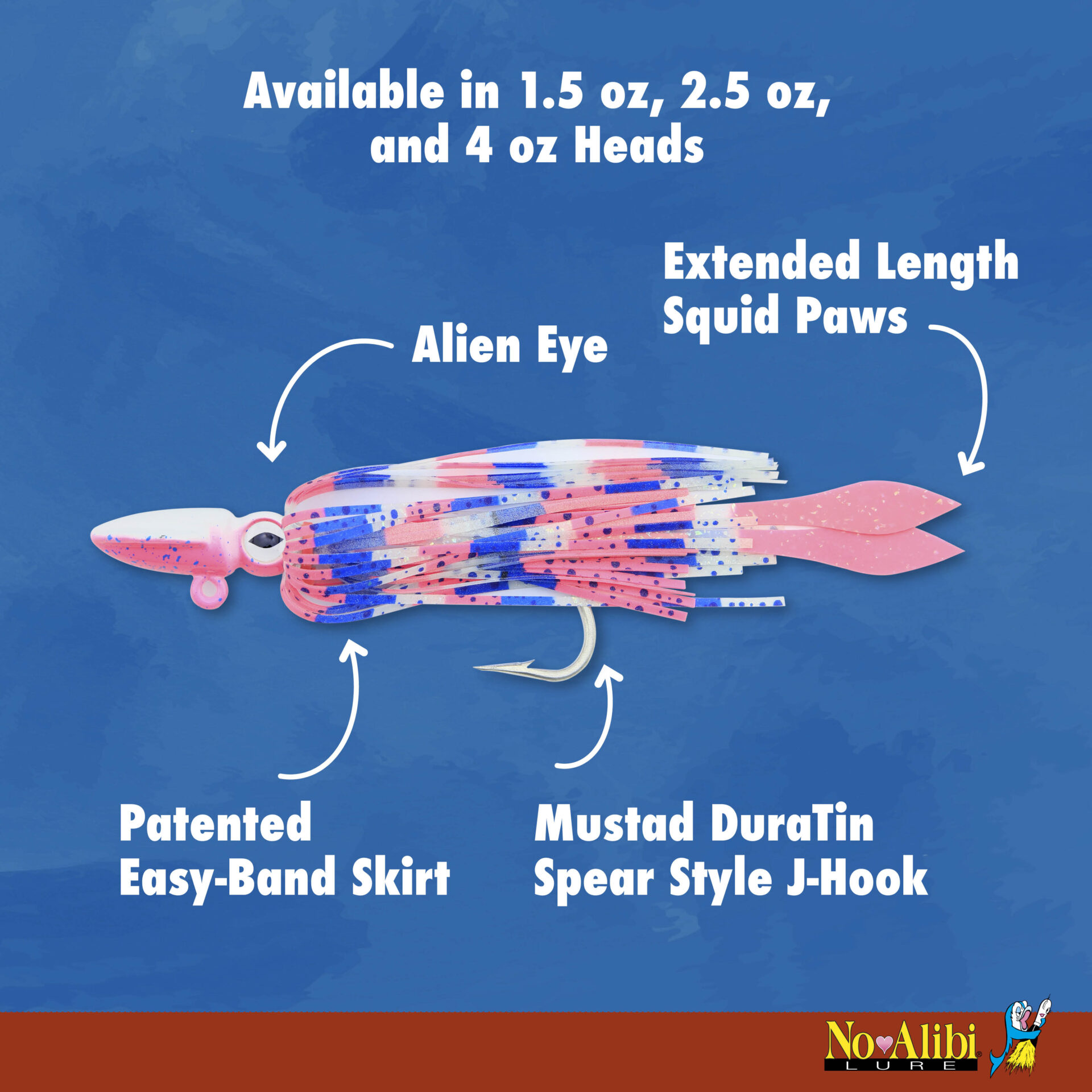 No Alibi, Alien Jig - Squid Head, 2.5 oz / 70.9 g, Pink/Blue Speckle Head, Pink/Clear/Blue Disco Skirt, Pink Squid Paws, 9/0 Hook, 8.5 in / 21.6 cm - Image 5