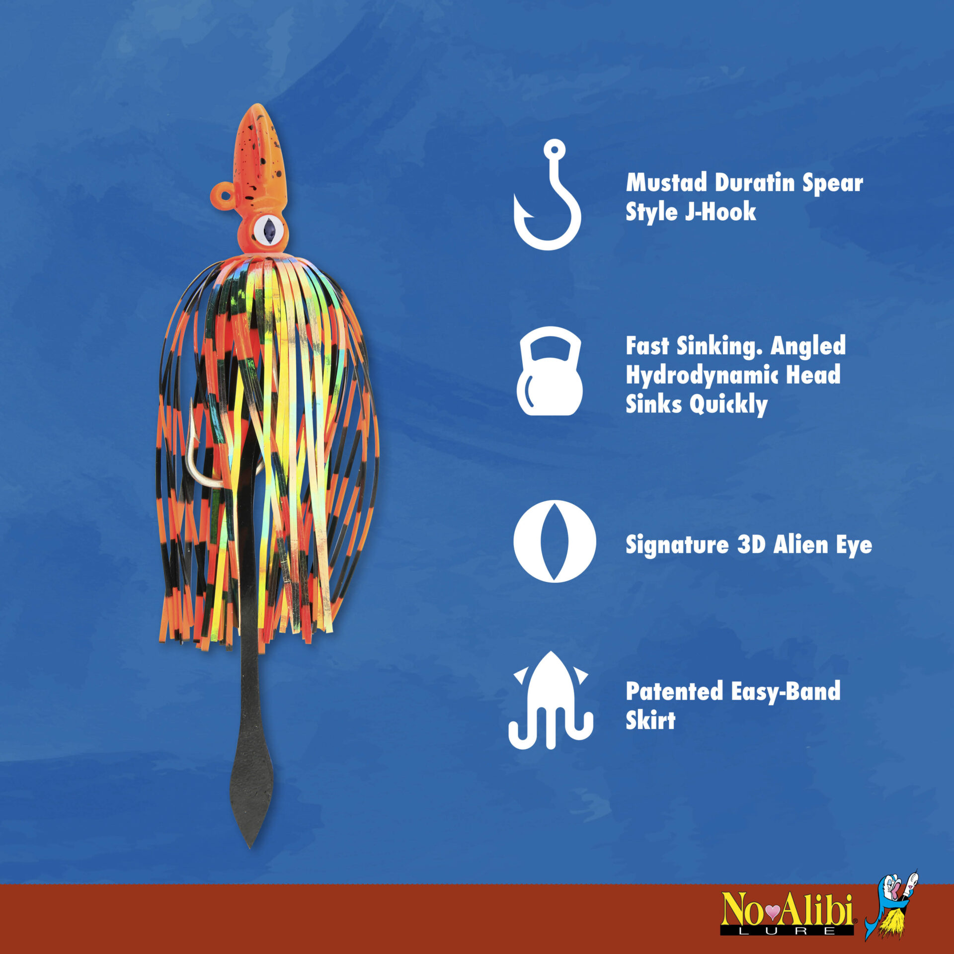 No Alibi, Alien Jig - Squid Head, 2.5 oz / 70.9 g, Pink/Blue Speckle Head, Pink/Clear/Blue Disco Skirt, Pink Squid Paws, 9/0 Hook, 8.5 in / 21.6 cm - Image 7