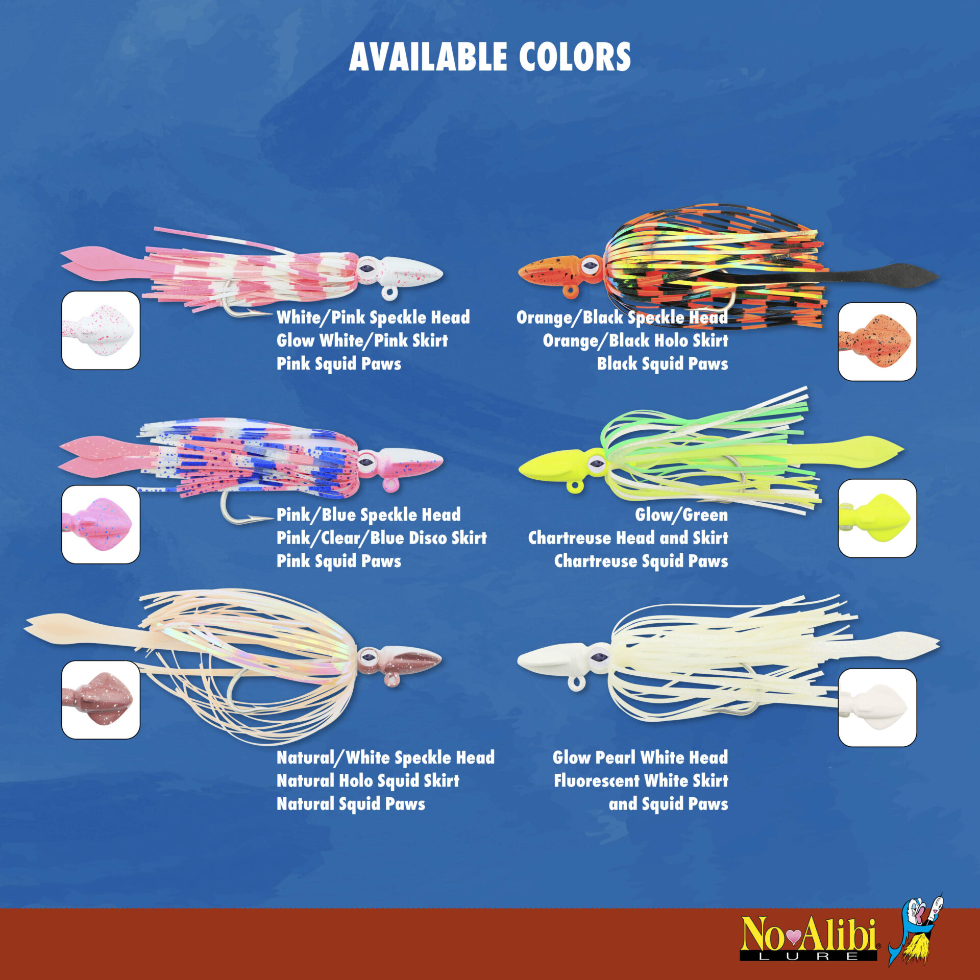 No Alibi, Alien Jig - Squid Head, 2.5 oz / 70.9 g, Pink/Blue Speckle Head, Pink/Clear/Blue Disco Skirt, Pink Squid Paws, 9/0 Hook, 8.5 in / 21.6 cm - Image 8