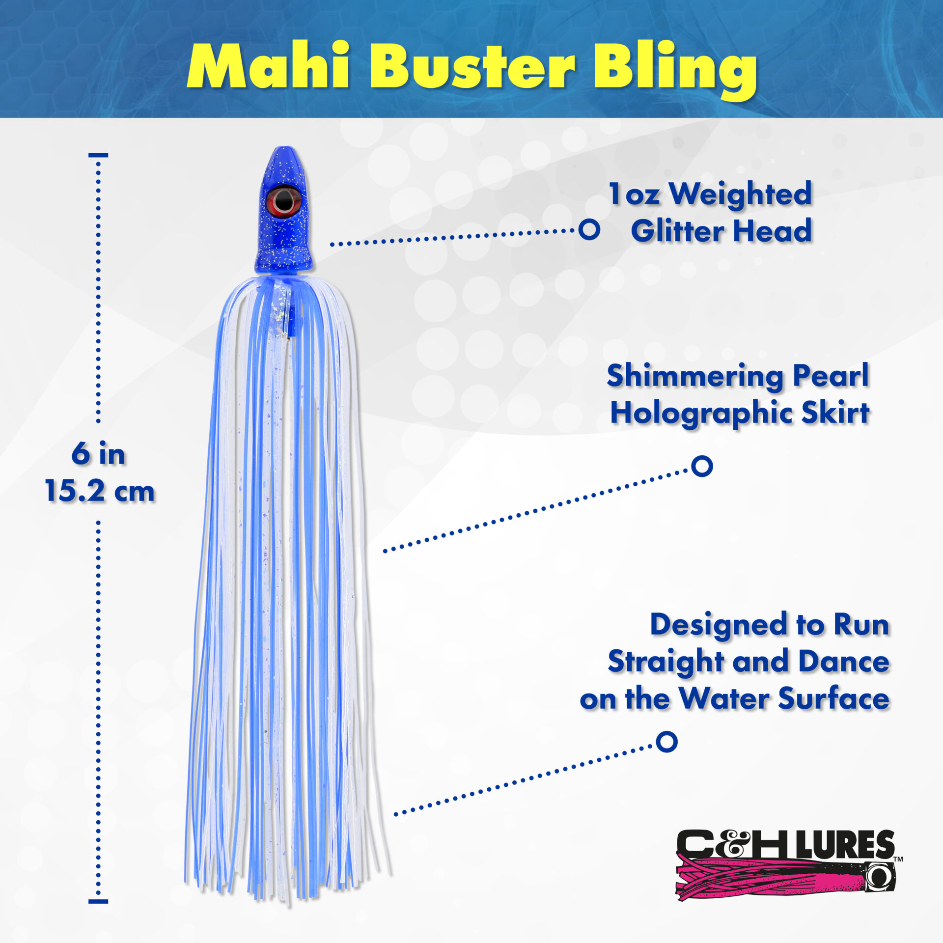 C&H, Mahi Buster Bling, 1 oz / 28.3 g, Pink Silver Glitter Head, Pink/White/Pearl Holographic Skirt, 6 in / 15.2 cm - Image 4