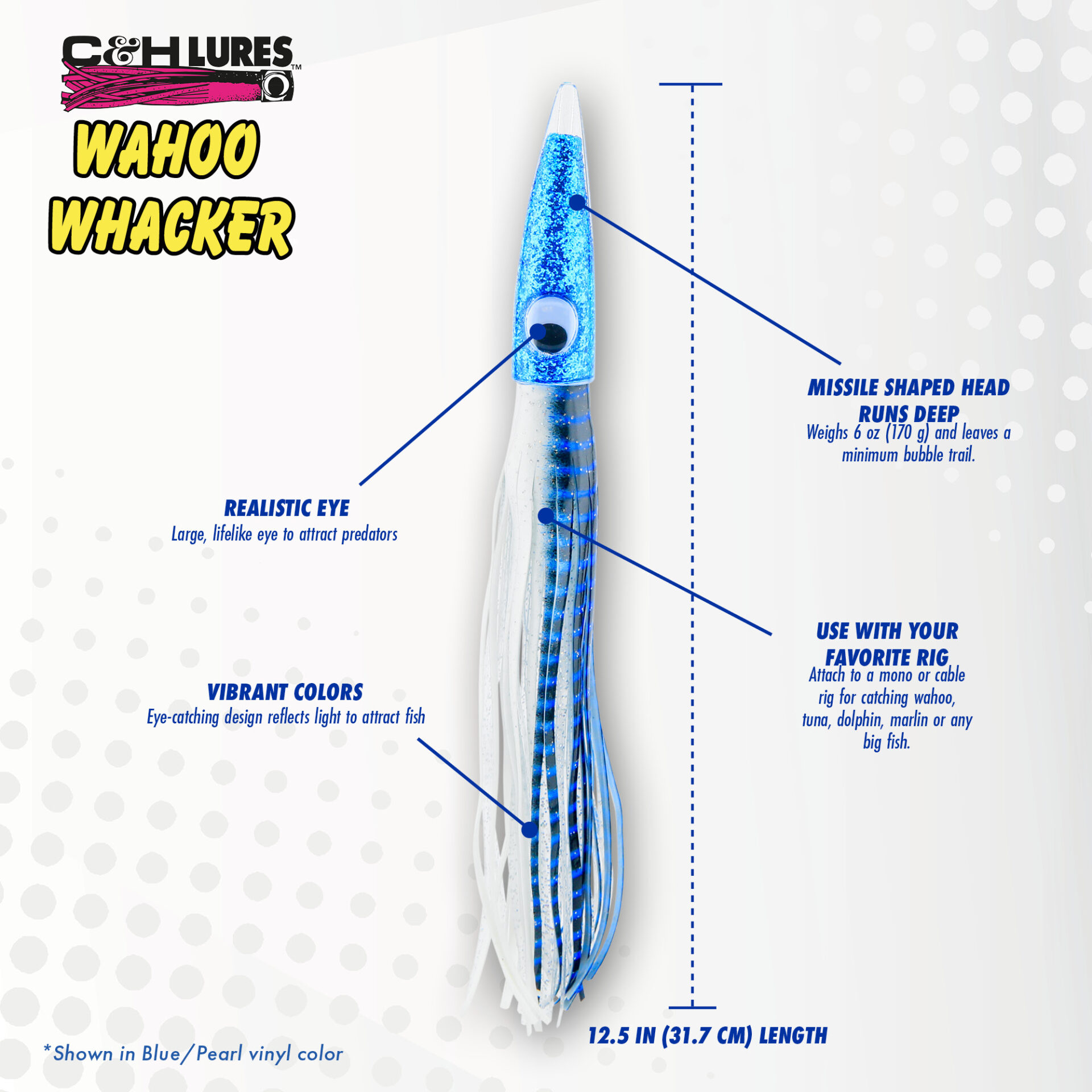 C&H, Wahoo Whacker Rigged & Ready, Black/Purple Skirt, 6 oz / 170 g 12.5 in / 31.75 cm, 10/0 Mustad 7731-DT Hook, AFW Swivel, 200 lb / 90.6 kg Grand Slam Mono, 12 ft / 3.6 m - Image 3